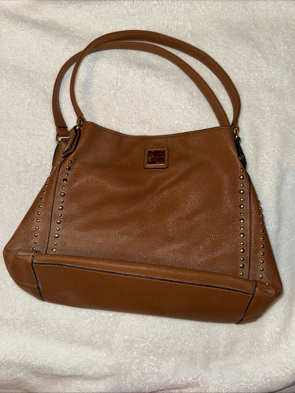 Pebbled Shoulder Bag with Studded Trim in Brown
